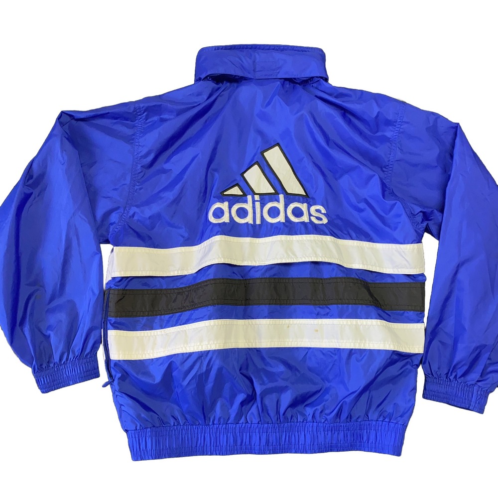 VTG Adidas Jacket Windbreaker Kids Large Blue Packable Rain Colorblock Trefoil